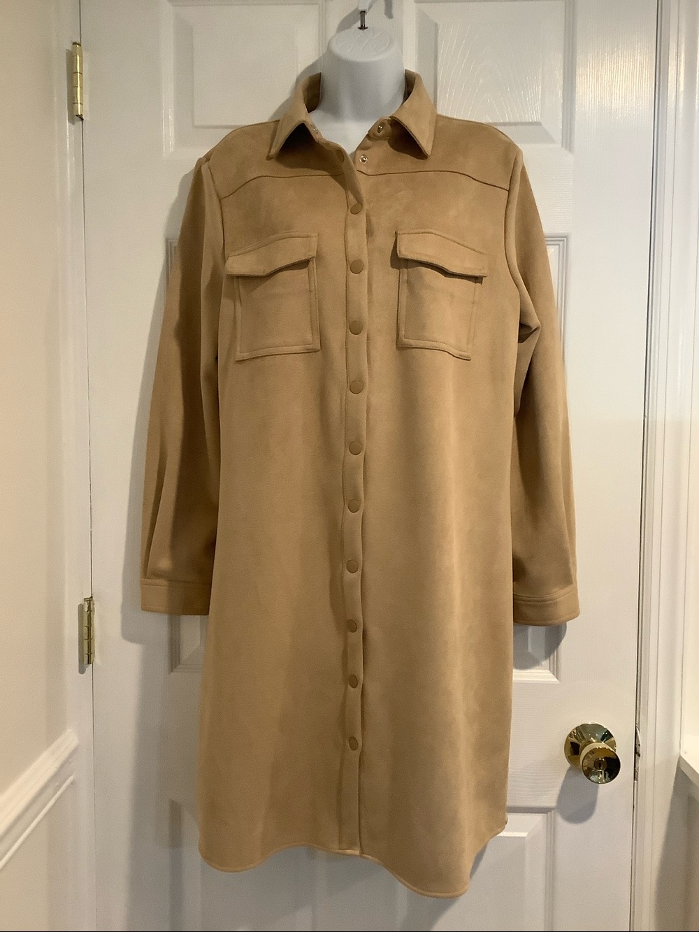 TRUTH By REPUBLIC Tan Neutral Faux Leather Suede Snap Front Fall Shirt Dress L